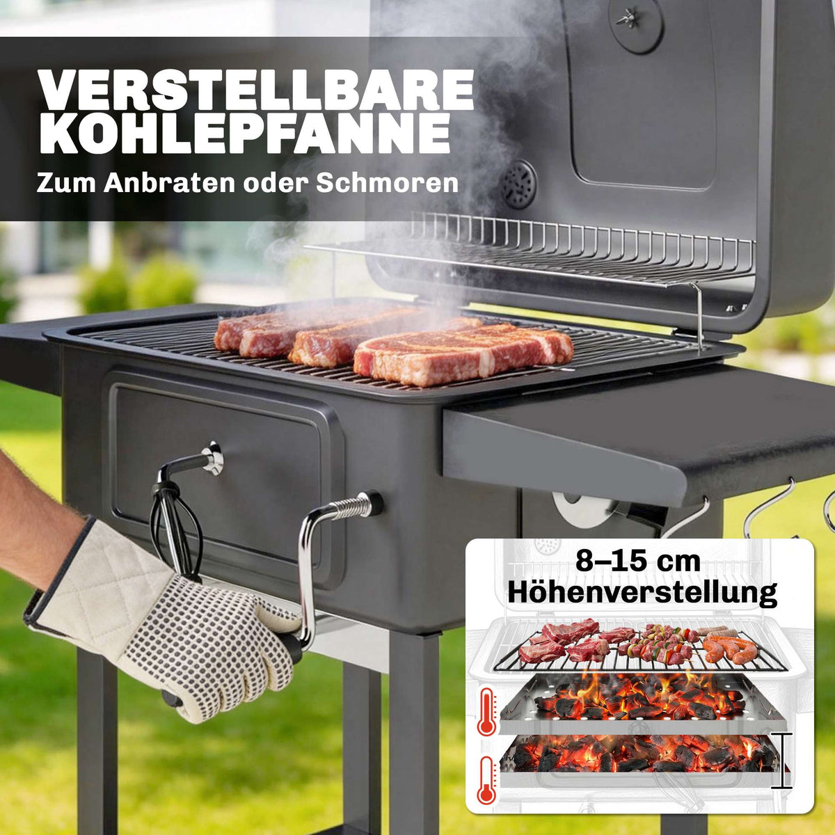 Charcoal BBQ Smoker with Adjustable Coal Pan & Thermometer