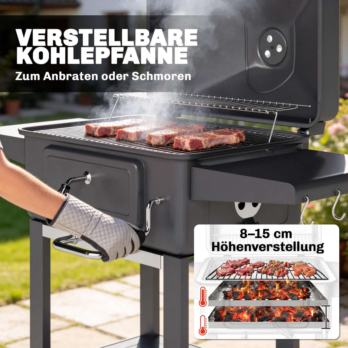 Charcoal BBQ Smoker with Lid Thermometer, Adjustable Grate