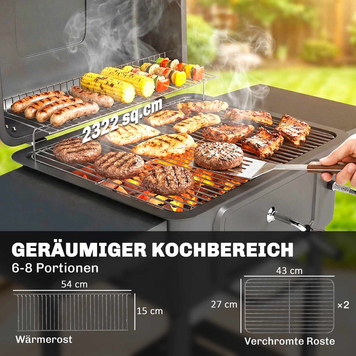 Charcoal BBQ Smoker with Lid Thermometer, Adjustable Grate