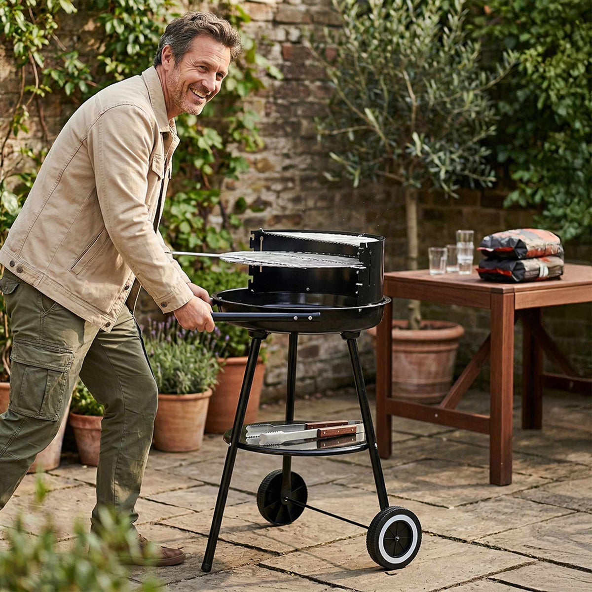 Charcoal BBQ with Windbreak & Storage Shelf, Black
