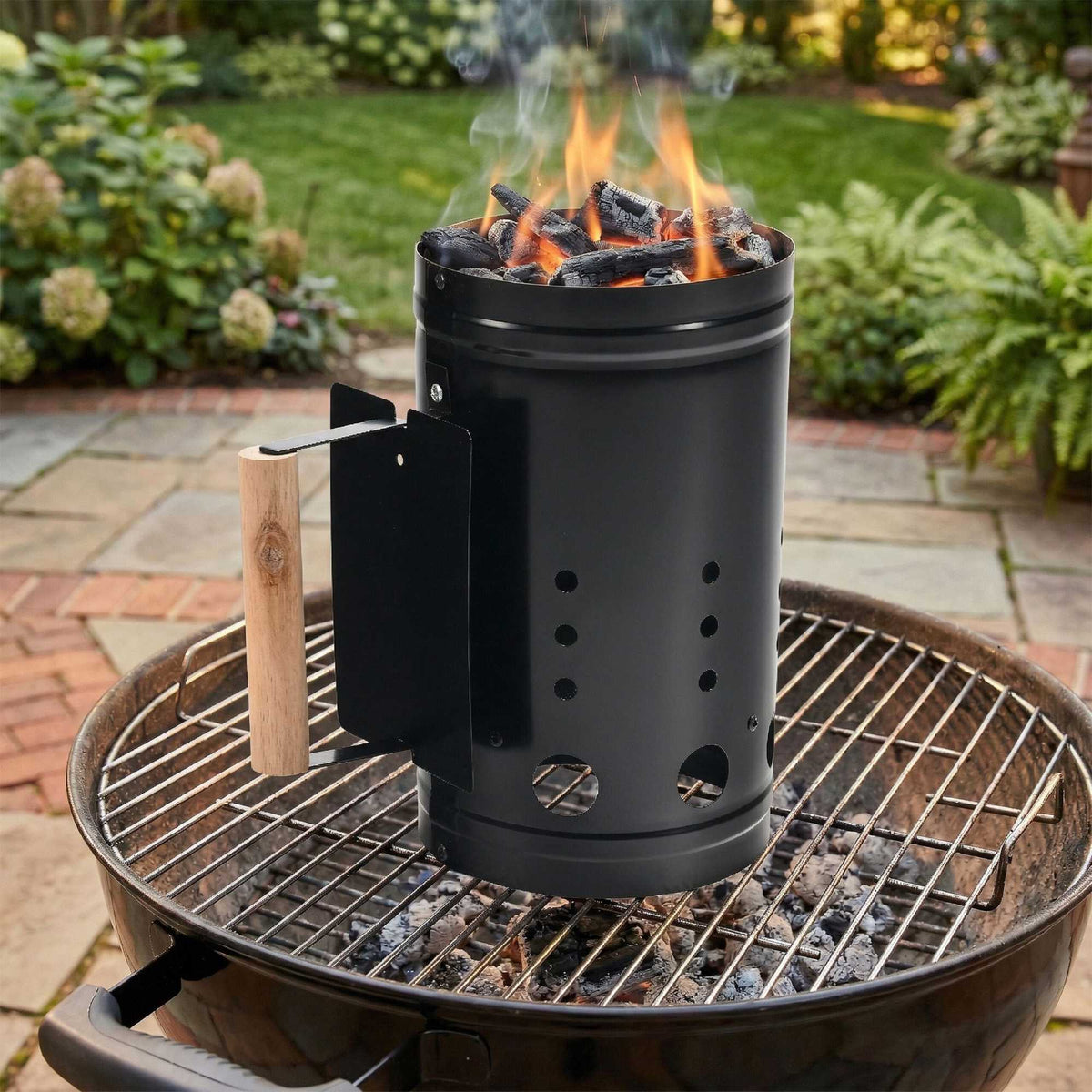 Charcoal Chimney Starter with Wooden Handle, Black