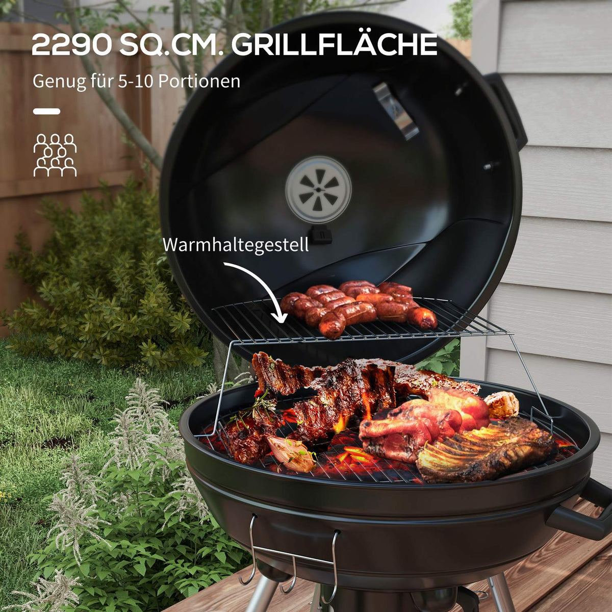 Charcoal Grill, Bbq Camping Grill With Grill Grate, Wheels, Shelf, Ash Catcher, Integrated Thermometer, Metal