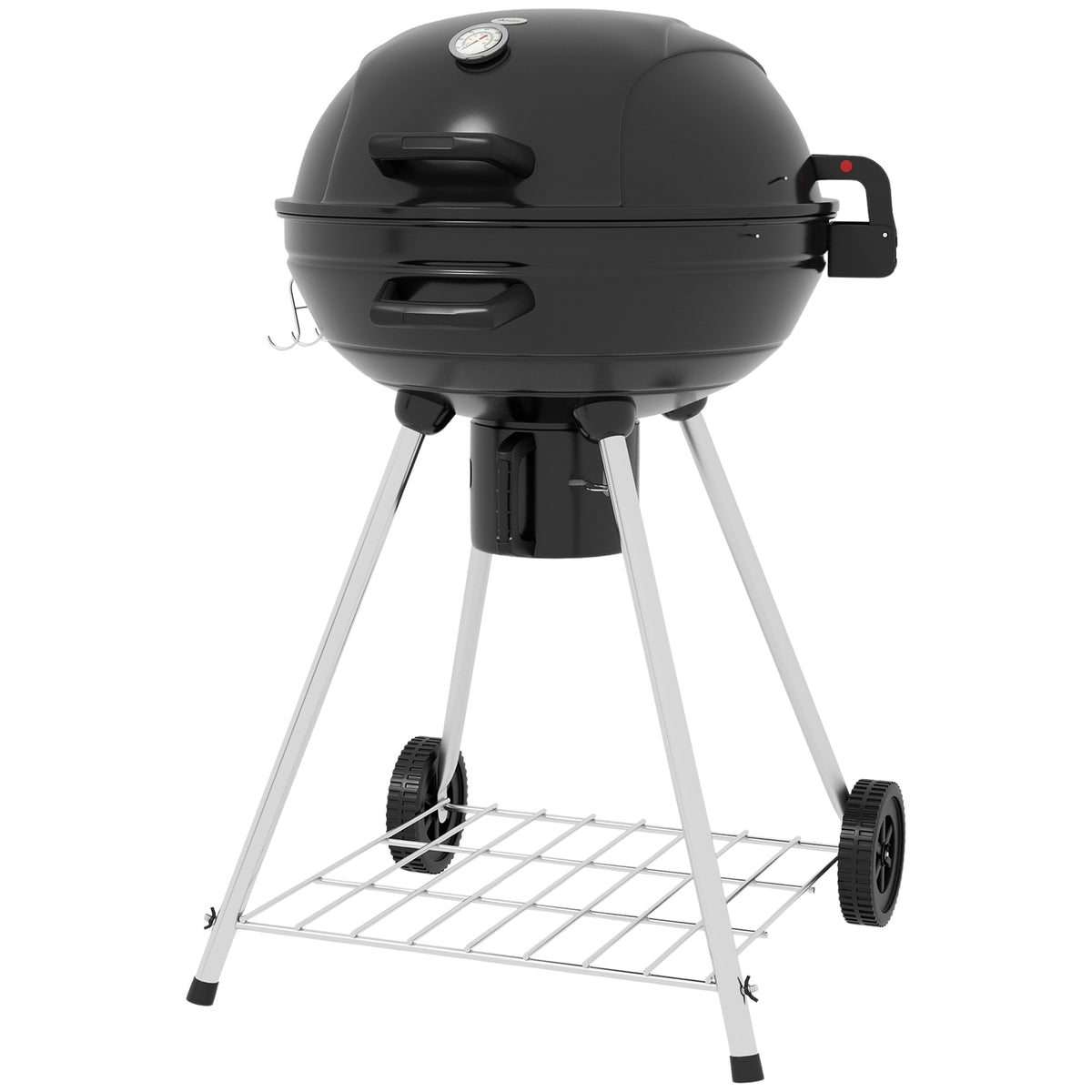 Charcoal Grill, Bbq Camping Grill With Grill Grate, Wheels, Shelf, Ash Catcher, Integrated Thermometer, Metal