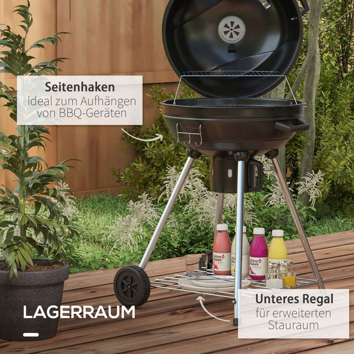 Charcoal Grill, Bbq Camping Grill With Grill Grate, Wheels, Shelf, Ash Catcher, Integrated Thermometer, Metal