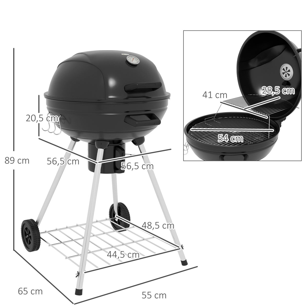 Charcoal Grill, Bbq Camping Grill With Grill Grate, Wheels, Shelf, Ash Catcher, Integrated Thermometer, Metal