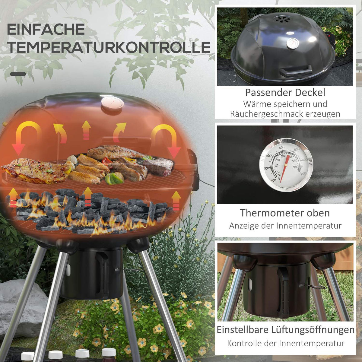 Charcoal Grill, Bbq Camping Grill With Grill Grate, Wheels, Shelf, Ash Catcher, Integrated Thermometer, Metal