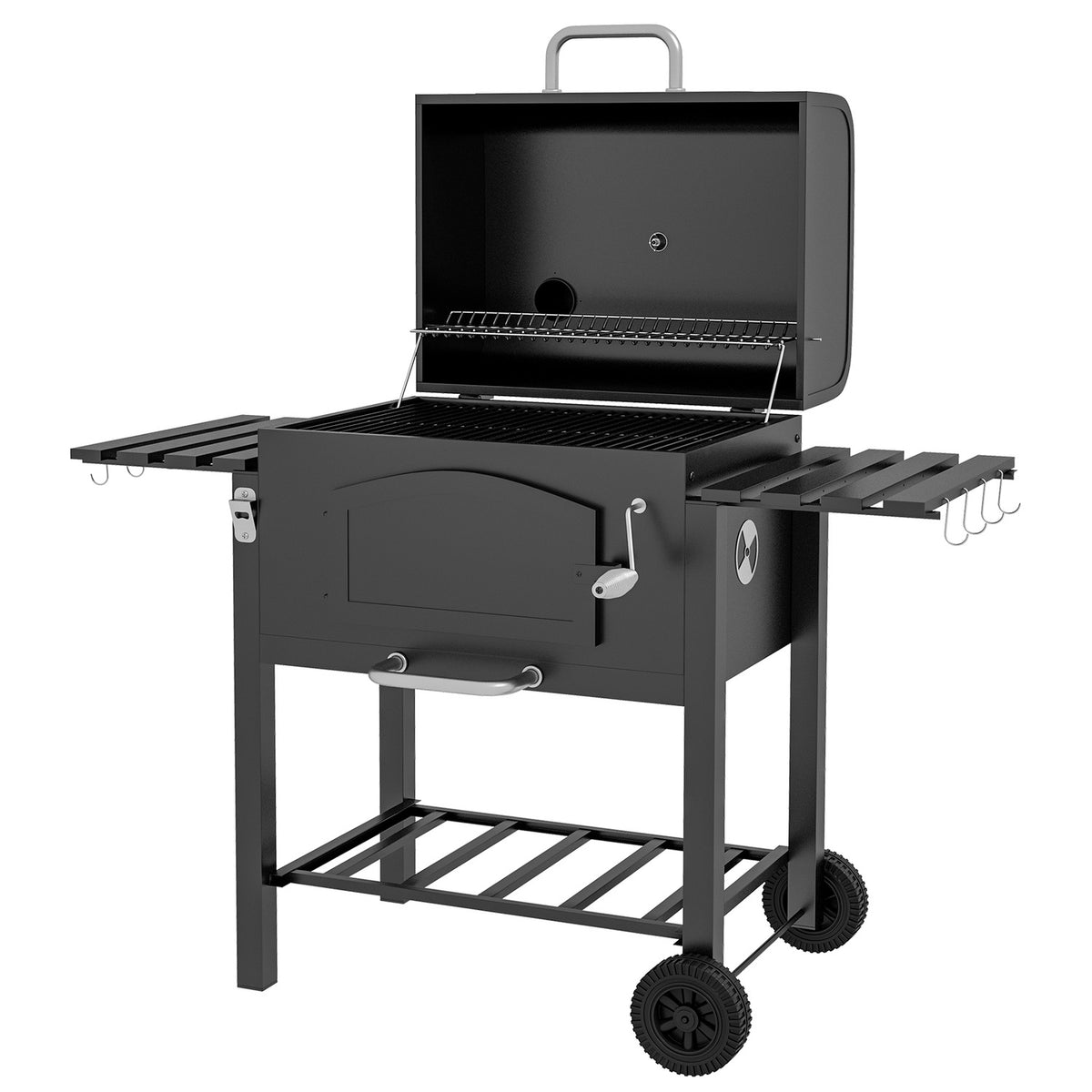Charcoal Grill Bbq Garden Grill With Lid, Shelves, Smoker, Warming Plate, Shelves, Transport Wheels, Metal