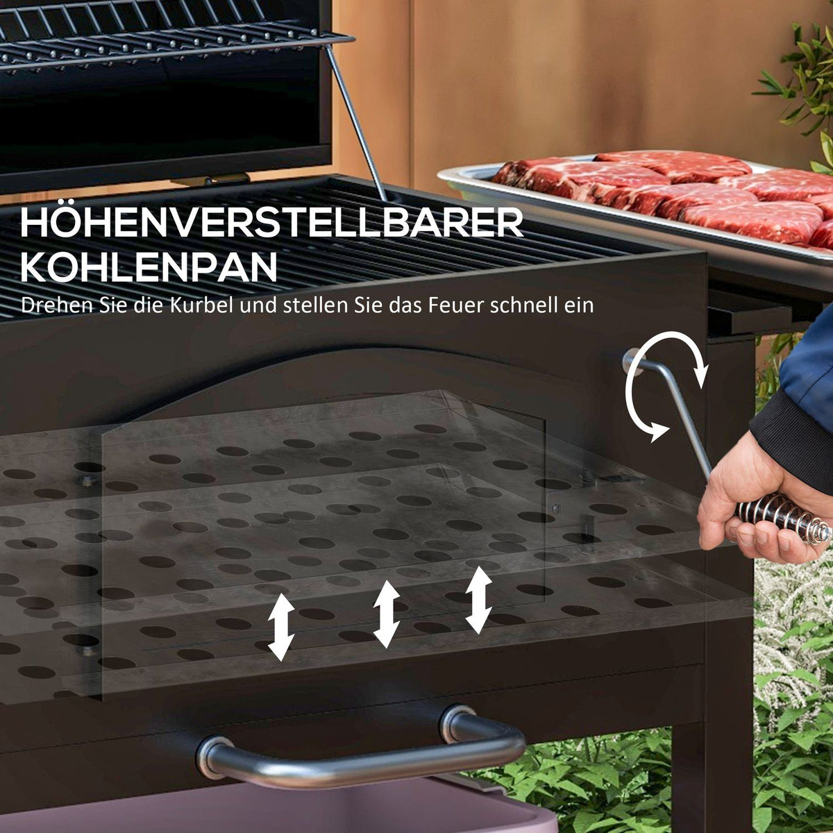 Charcoal Grill Bbq Garden Grill With Lid, Shelves, Smoker, Warming Plate, Shelves, Transport Wheels, Metal