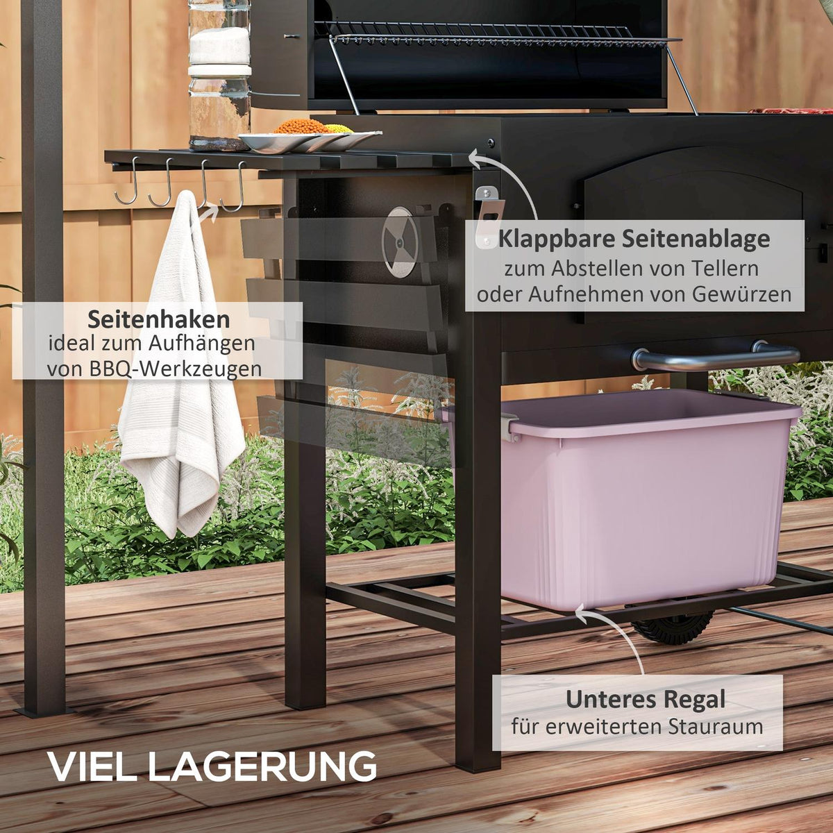 Charcoal Grill Bbq Garden Grill With Lid, Shelves, Smoker, Warming Plate, Shelves, Transport Wheels, Metal