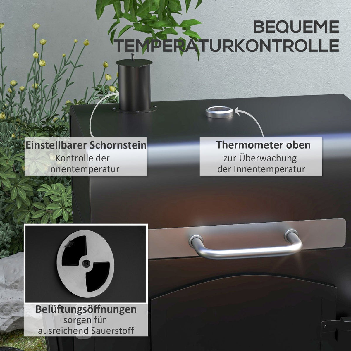 Charcoal Grill Bbq Garden Grill With Lid, Shelves, Smoker, Warming Plate, Shelves, Transport Wheels, Metal