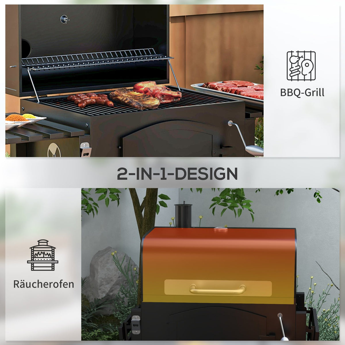 Charcoal Grill Bbq Garden Grill With Lid, Shelves, Smoker, Warming Plate, Shelves, Transport Wheels, Metal
