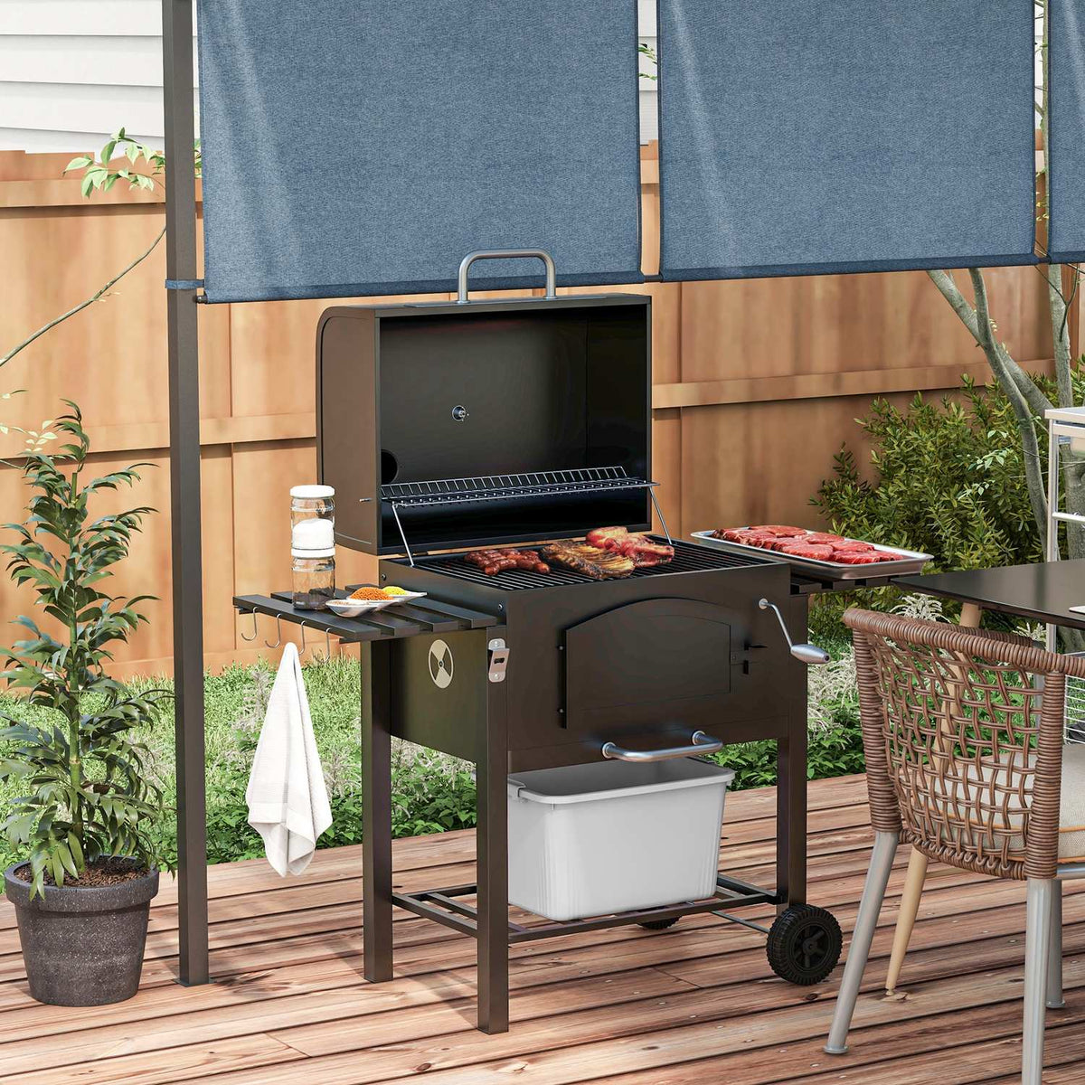 Charcoal Grill Bbq Garden Grill With Lid, Shelves, Smoker, Warming Plate, Shelves, Transport Wheels, Metal