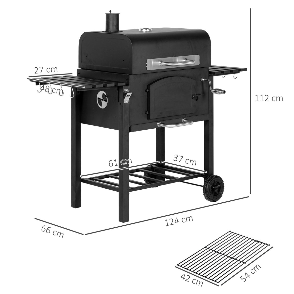 Charcoal Grill Bbq Garden Grill With Lid, Shelves, Smoker, Warming Plate, Shelves, Transport Wheels, Metal