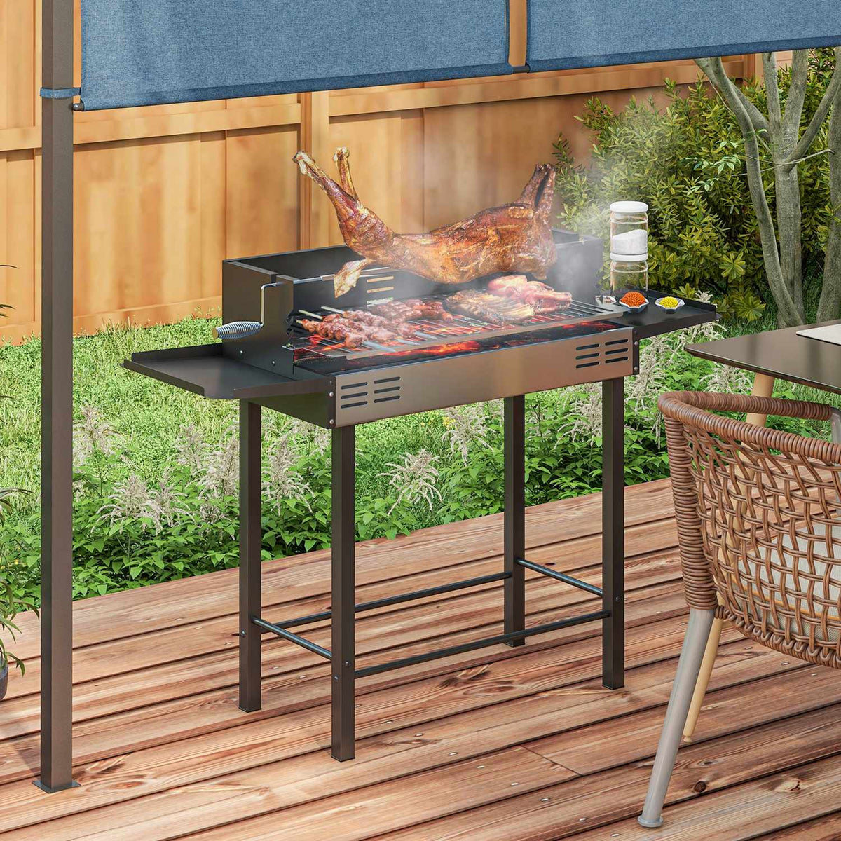 Charcoal Grill Camping Grill With Grill Grate And Rotisserie Kit Foldable Camping Garden Bbq Stainless Steel + Metal Black