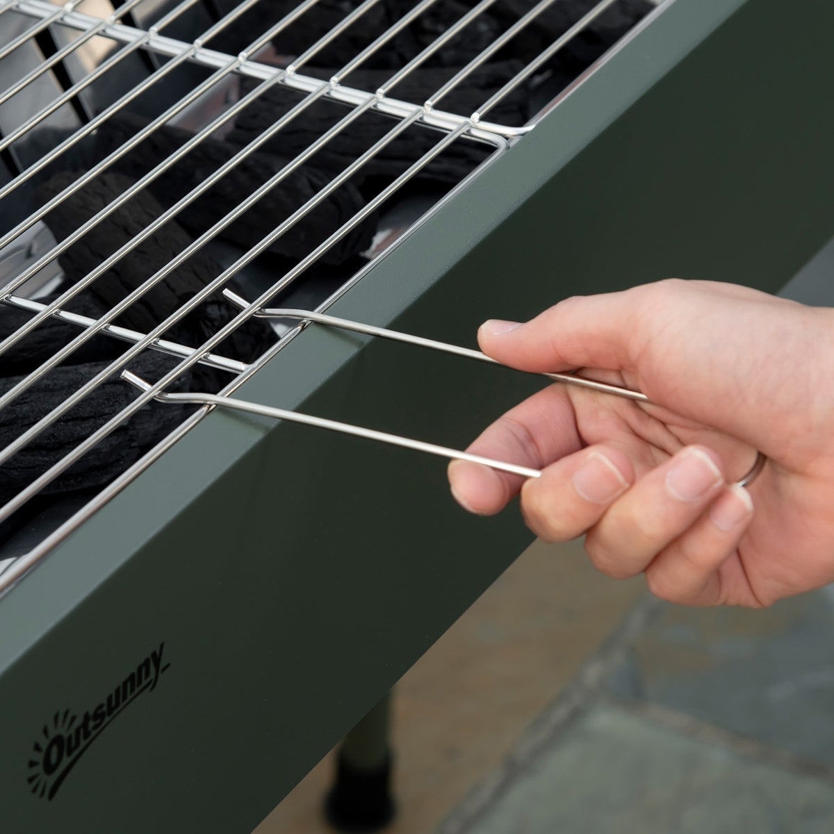 Charcoal Grill Camping Grill With Grill Grate, Grill Grate Clip, Side Baskets, Stainless Steel + Galvanized Metal, Dark Green