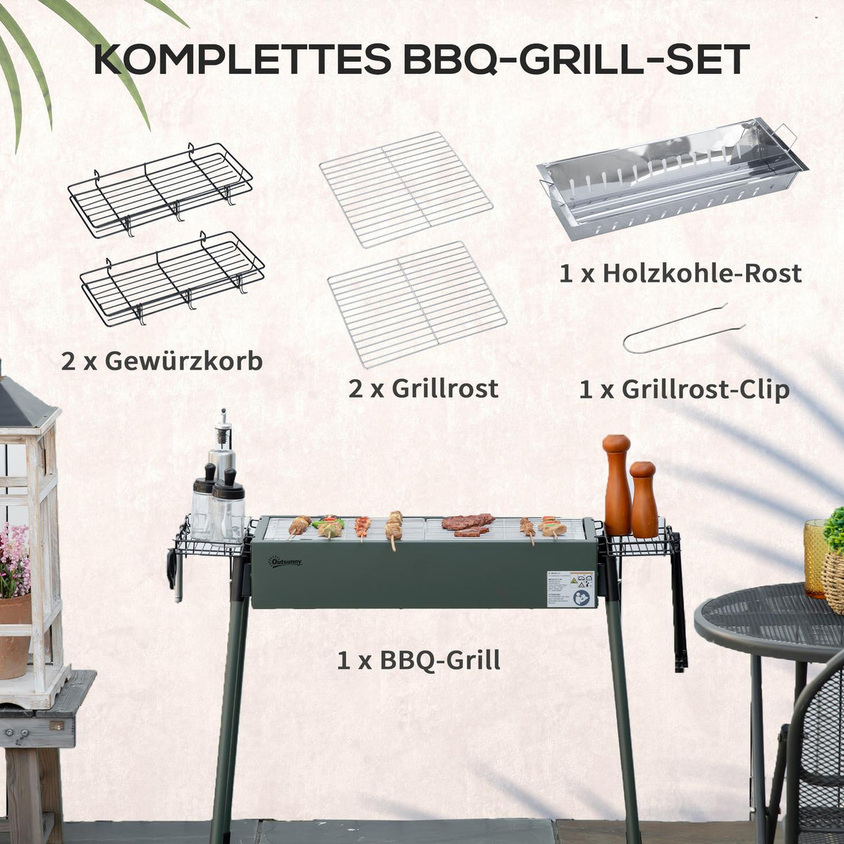 Charcoal Grill Camping Grill With Grill Grate, Grill Grate Clip, Side Baskets, Stainless Steel + Galvanized Metal, Dark Green