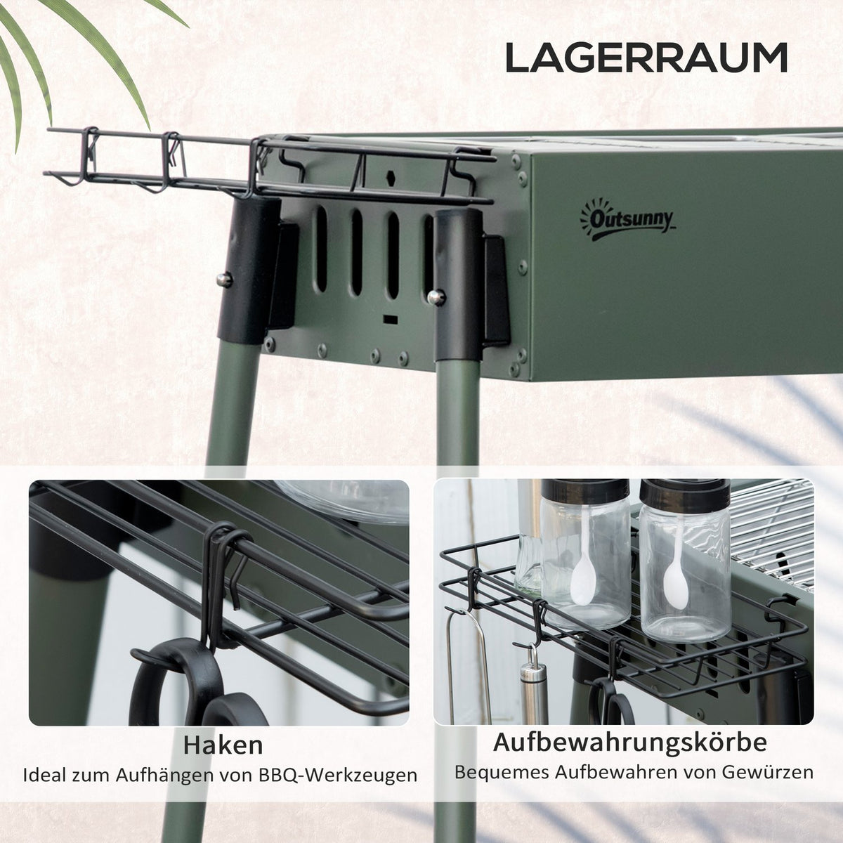 Charcoal Grill Camping Grill With Grill Grate, Grill Grate Clip, Side Baskets, Stainless Steel + Galvanized Metal, Dark Green