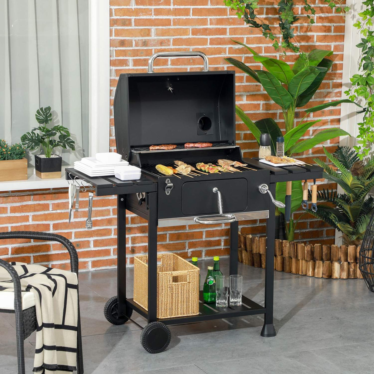 Charcoal Grill Camping Grill With Two Grill Racks, Folding Side Shelf, Grill Cart With Shelf, Handle, Stainless Steel, Black