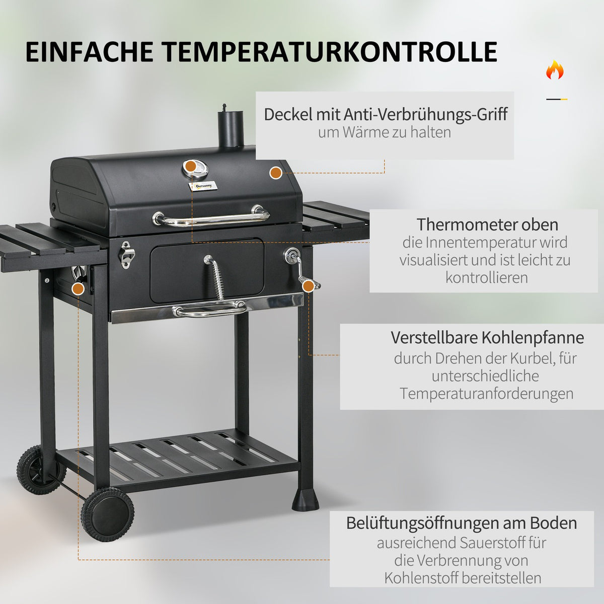 Charcoal Grill Camping Grill With Two Grill Racks, Folding Side Shelf, Grill Cart With Shelf, Handle, Stainless Steel, Black