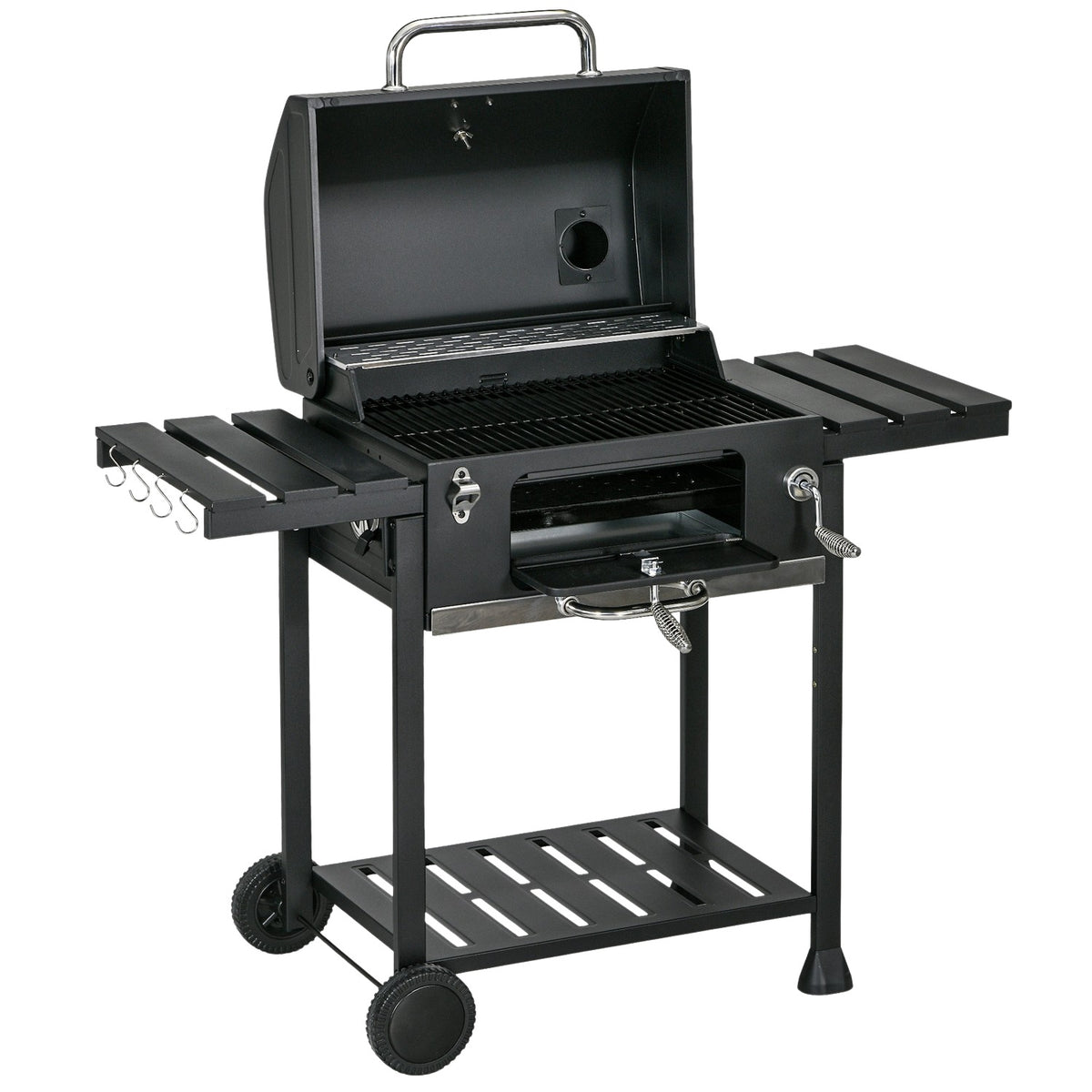 Charcoal Grill Camping Grill With Two Grill Racks, Folding Side Shelf, Grill Cart With Shelf, Handle, Stainless Steel, Black