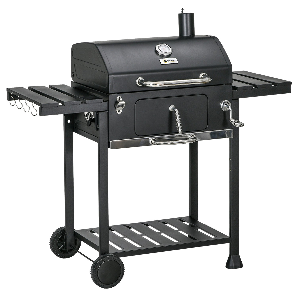 Charcoal Grill Camping Grill With Two Grill Racks, Folding Side Shelf, Grill Cart With Shelf, Handle, Stainless Steel, Black