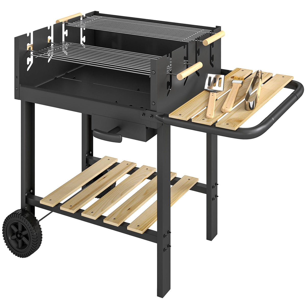 Charcoal Grill Cart with Adjustable Grates, Wood Shelves, Wheels