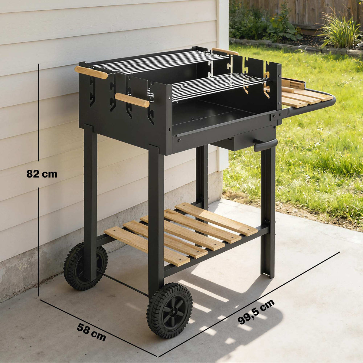 Charcoal Grill Cart with Adjustable Grates, Wood Shelves, Wheels