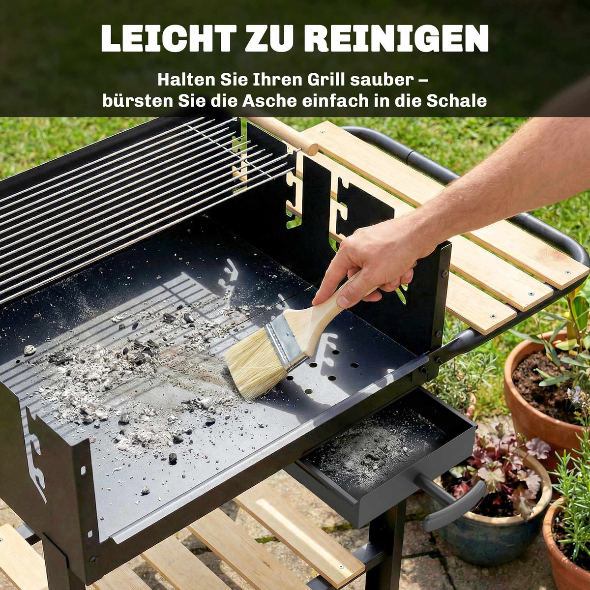Charcoal Grill Cart with Adjustable Grates, Wood Shelves, Wheels