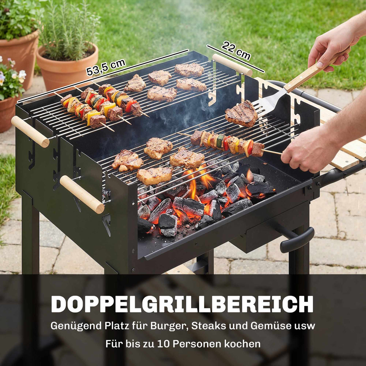 Charcoal Grill Cart with Adjustable Grates, Wood Shelves, Wheels