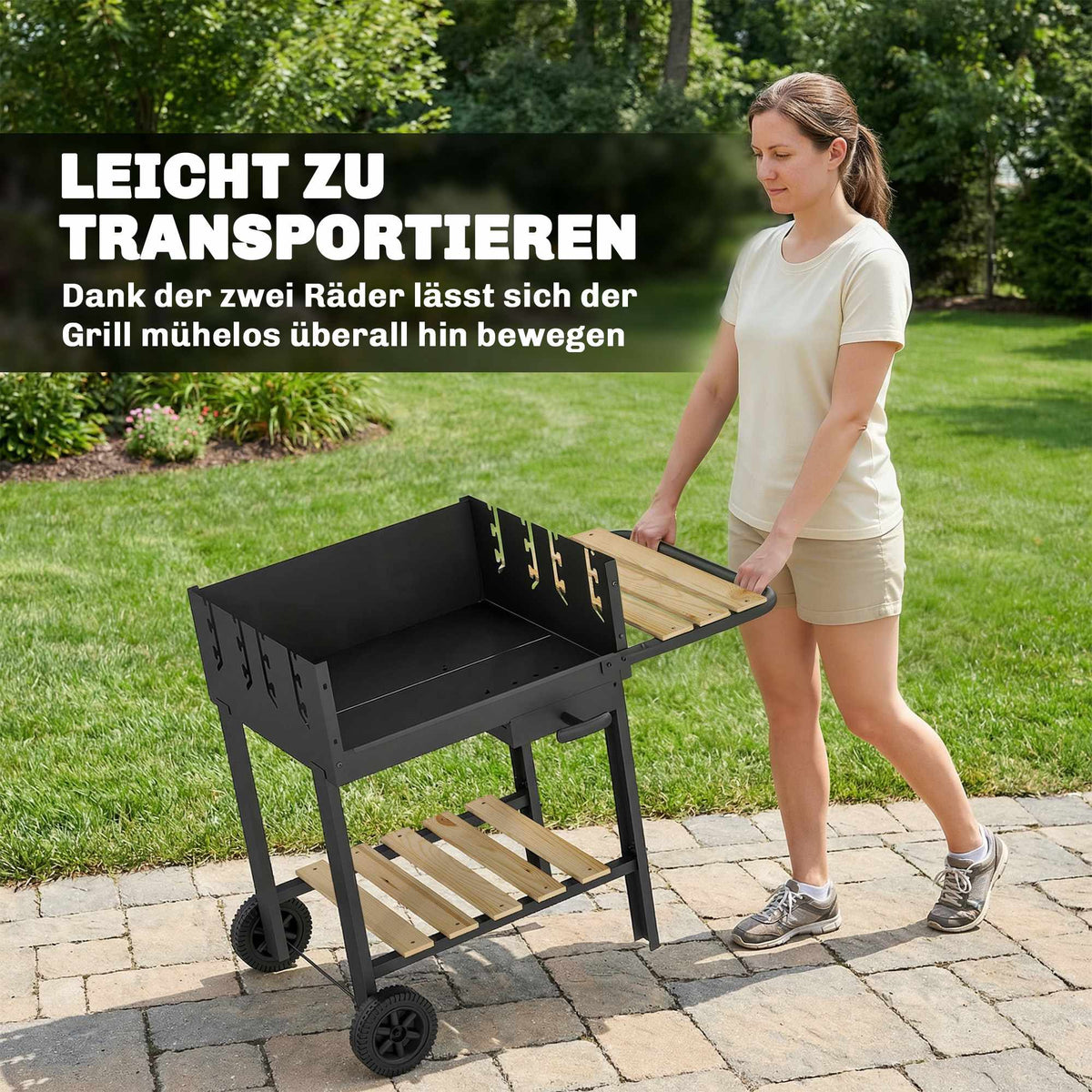 Charcoal Grill Cart with Adjustable Grates, Wood Shelves, Wheels