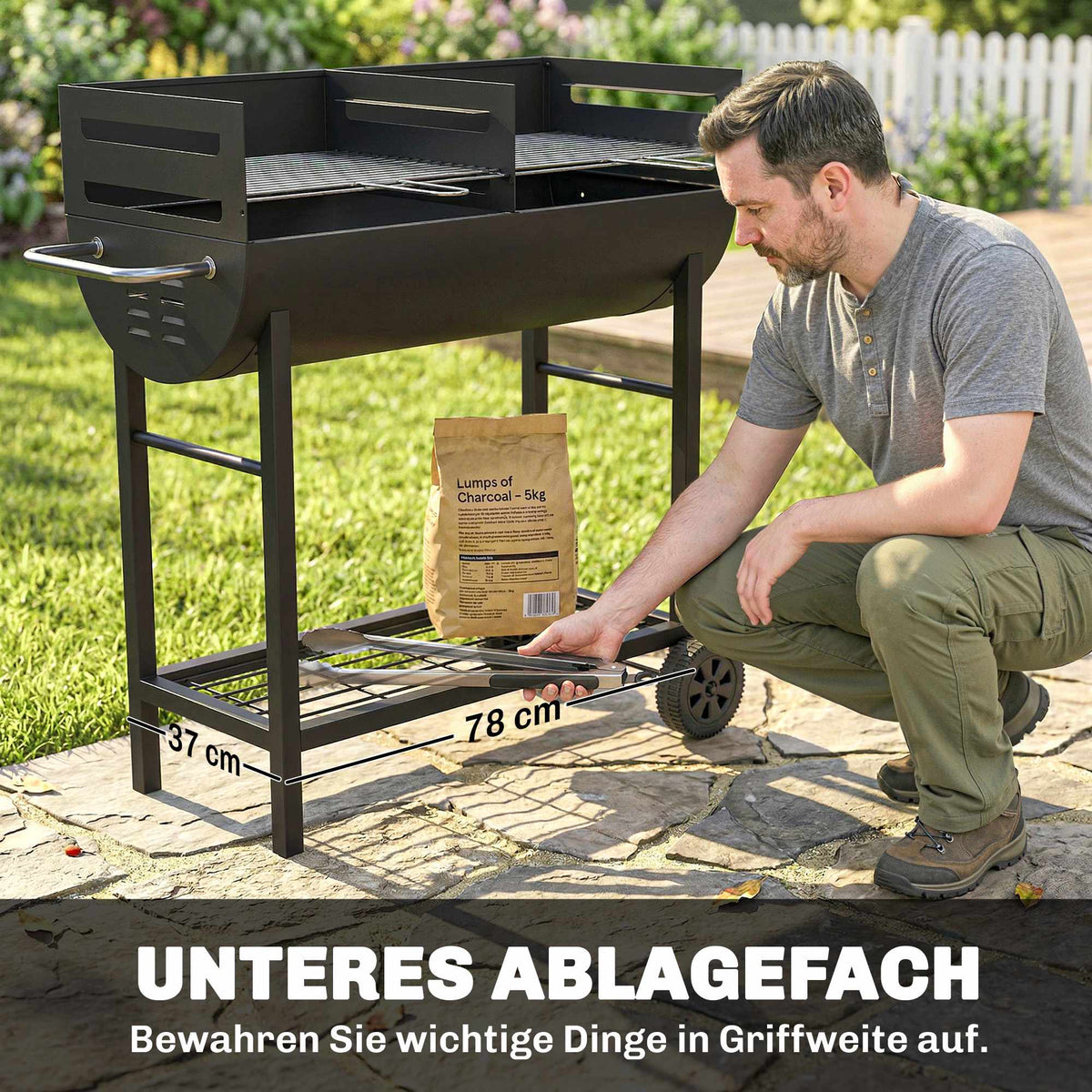 Charcoal Grill Cart with Dual Zones, Adjustable Grates, Wheels
