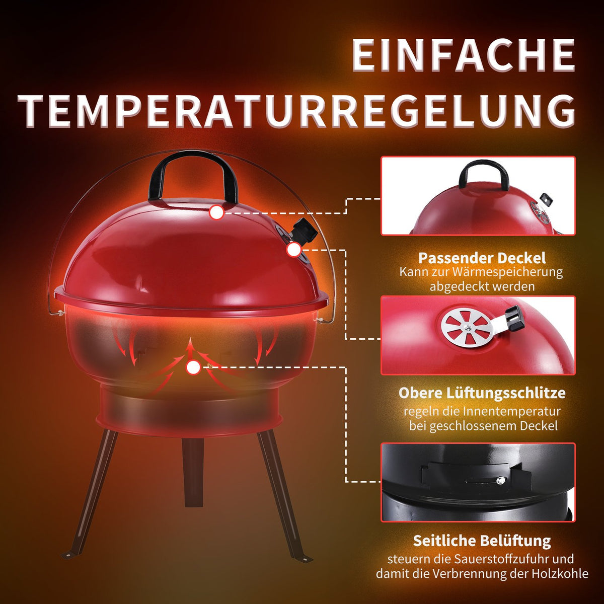 Charcoal Grill Kettle Grill With Wind Protection, Tripod Base, Portable, Metal, Black+Red, Ø36.5X54Cm