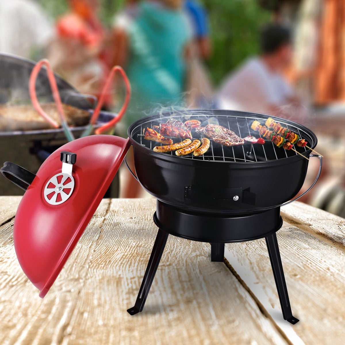Charcoal Grill Kettle Grill With Wind Protection, Tripod Base, Portable, Metal, Black+Red, Ø36.5X54Cm