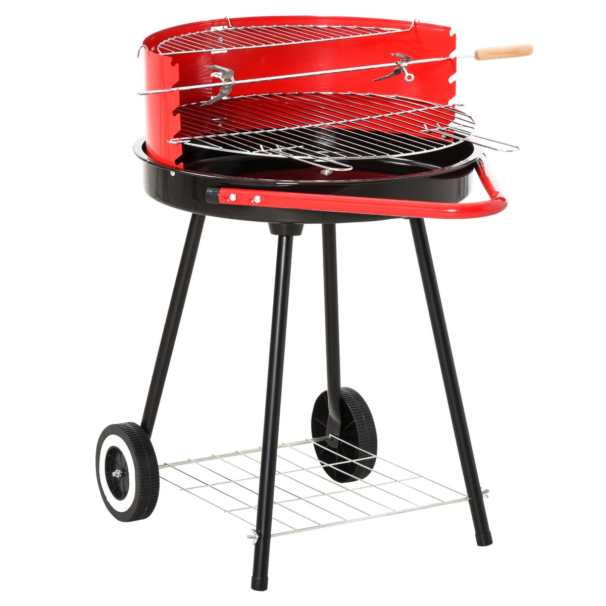Charcoal Grill Round Grill Standing Grill On Wheels With Grid, Bbq, Red, Metal, L51Xw70Xh75.5Cm