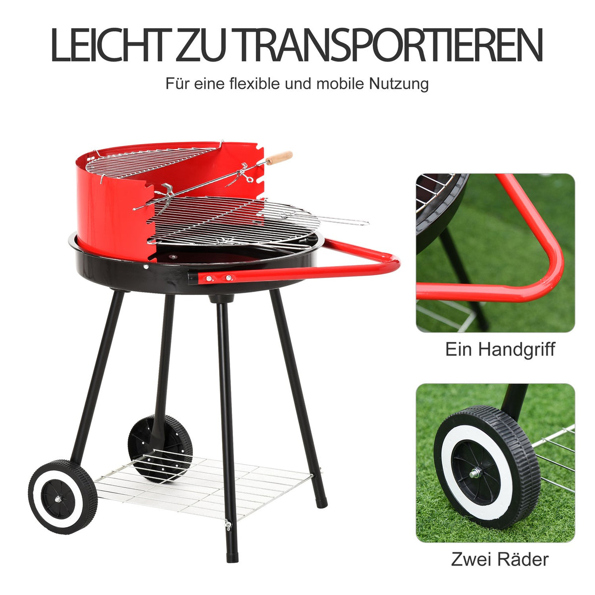 Charcoal Grill Round Grill Standing Grill On Wheels With Grid, Bbq, Red, Metal, L51Xw70Xh75.5Cm