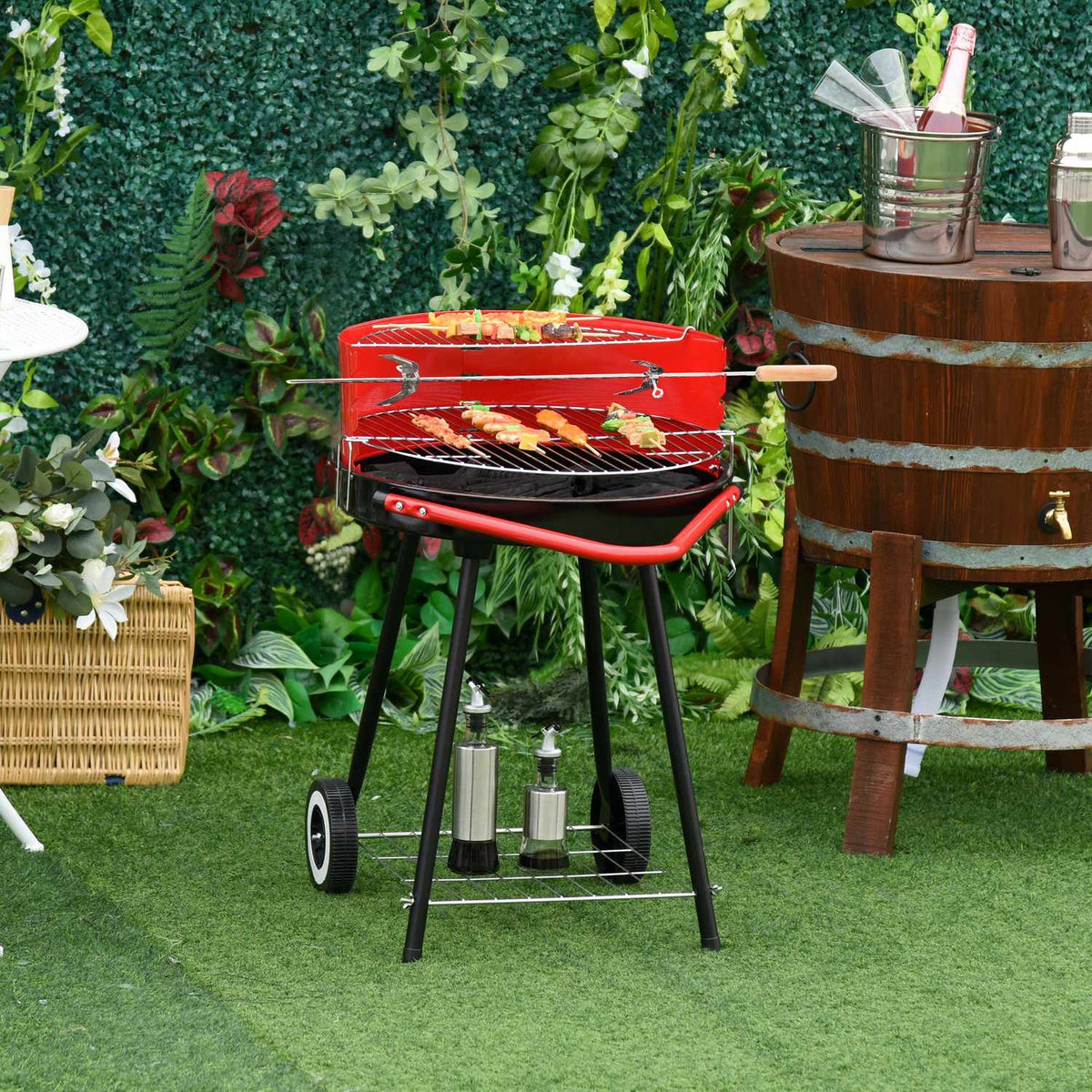 Charcoal Grill Round Grill Standing Grill On Wheels With Grid, Bbq, Red, Metal, L51Xw70Xh75.5Cm