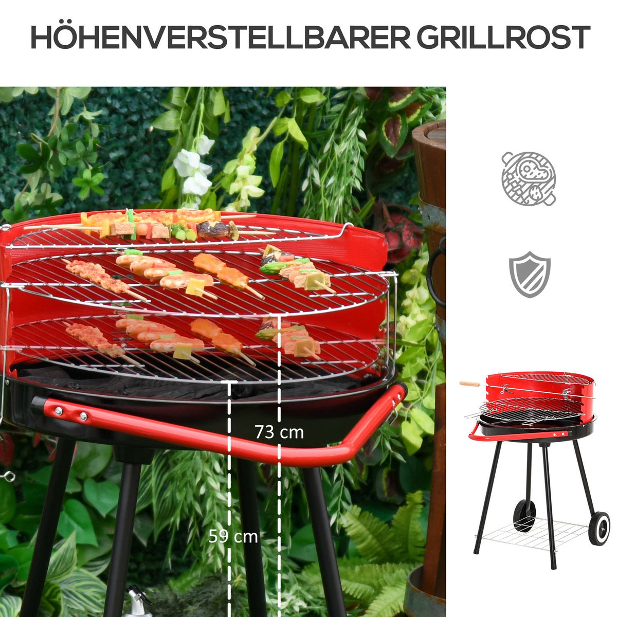 Charcoal Grill Round Grill Standing Grill On Wheels With Grid, Bbq, Red, Metal, L51Xw70Xh75.5Cm