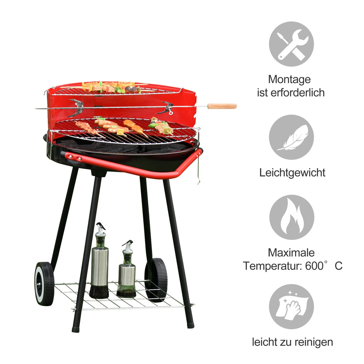 Charcoal Grill Round Grill Standing Grill On Wheels With Grid, Bbq, Red, Metal, L51Xw70Xh75.5Cm