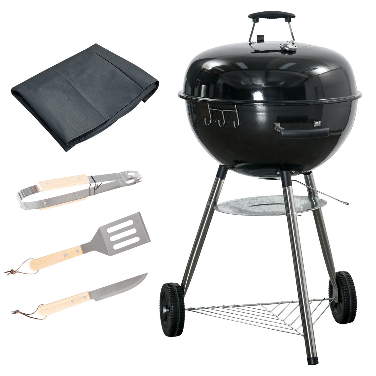 Charcoal Grill Round Grill With Grill Grate, Cover, Thermometer, Shelf, Ash Catcher, Metal, 65X65X108Cm, Bbq Standing Grill
