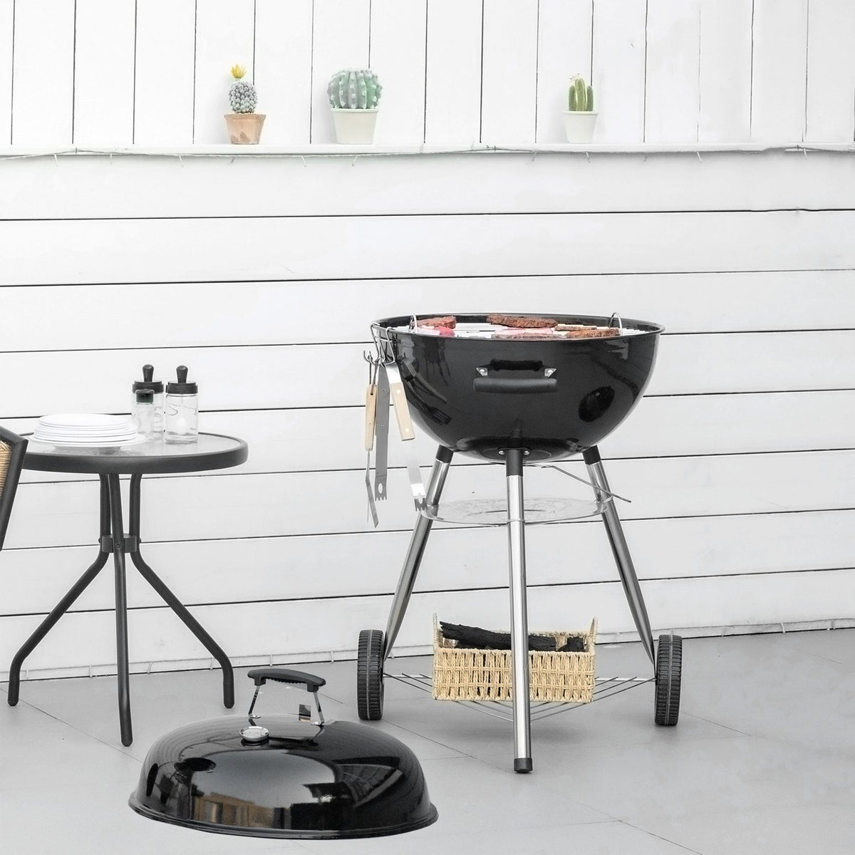 Charcoal Grill Round Grill With Grill Grate, Cover, Thermometer, Shelf, Ash Catcher, Metal, 65X65X108Cm, Bbq Standing Grill