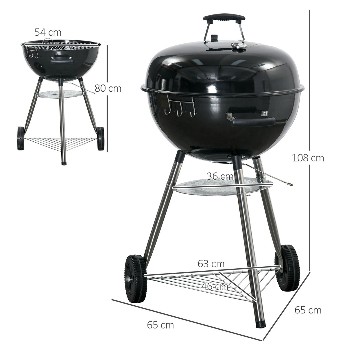 Charcoal Grill Round Grill With Grill Grate, Cover, Thermometer, Shelf, Ash Catcher, Metal, 65X65X108Cm, Bbq Standing Grill
