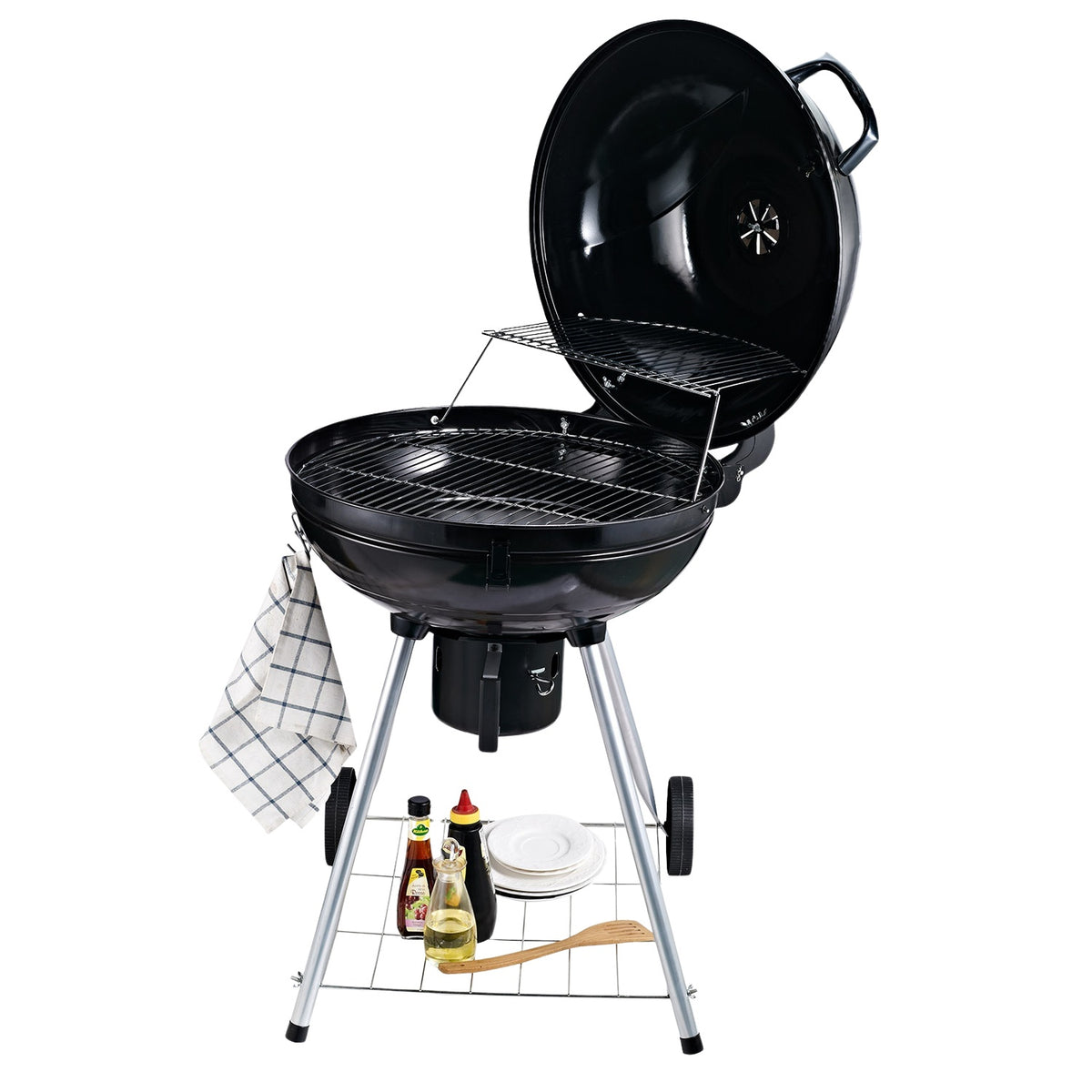 Charcoal Grill Trolley Standing Grill Bbq Round Ash Catcher Metal Black Diameter 57 X 94 Cm