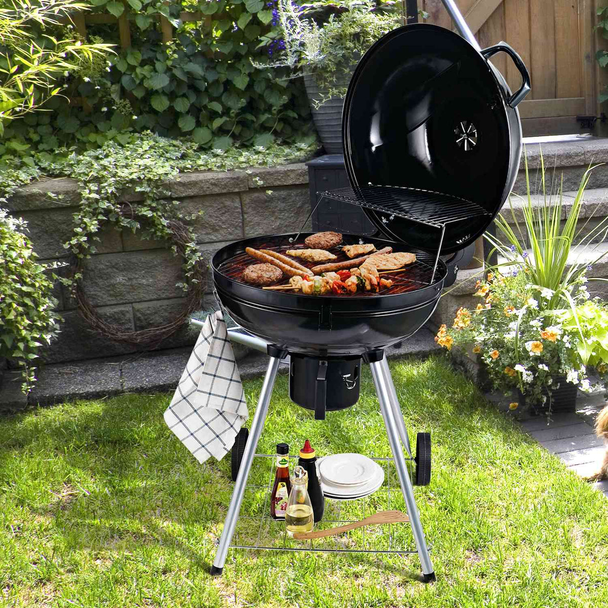 Charcoal Grill Trolley Standing Grill Bbq Round Ash Catcher Metal Black Diameter 57 X 94 Cm