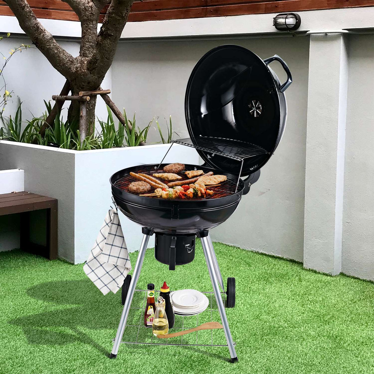 Charcoal Grill Trolley Standing Grill Bbq Round Ash Catcher Metal Black Diameter 57 X 94 Cm