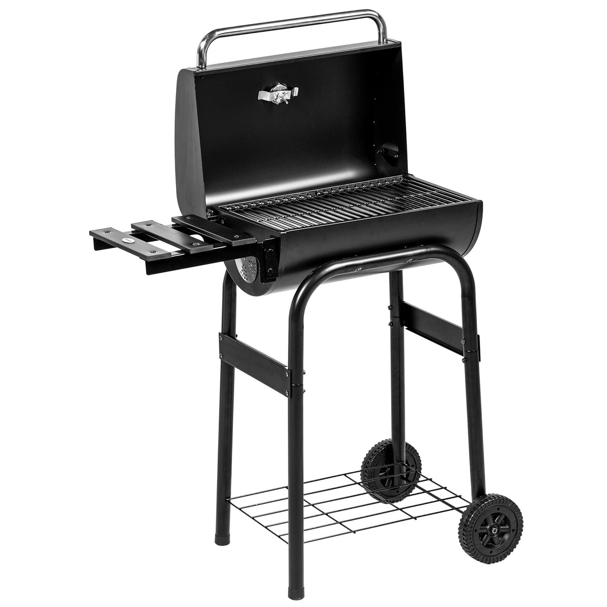 Charcoal Grill Trolley With Lid, Shelves, Wheels, Thermometer, Chimney, Stainless Steel, Black