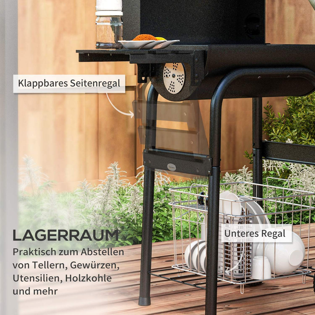 Charcoal Grill Trolley With Lid, Shelves, Wheels, Thermometer, Chimney, Stainless Steel, Black