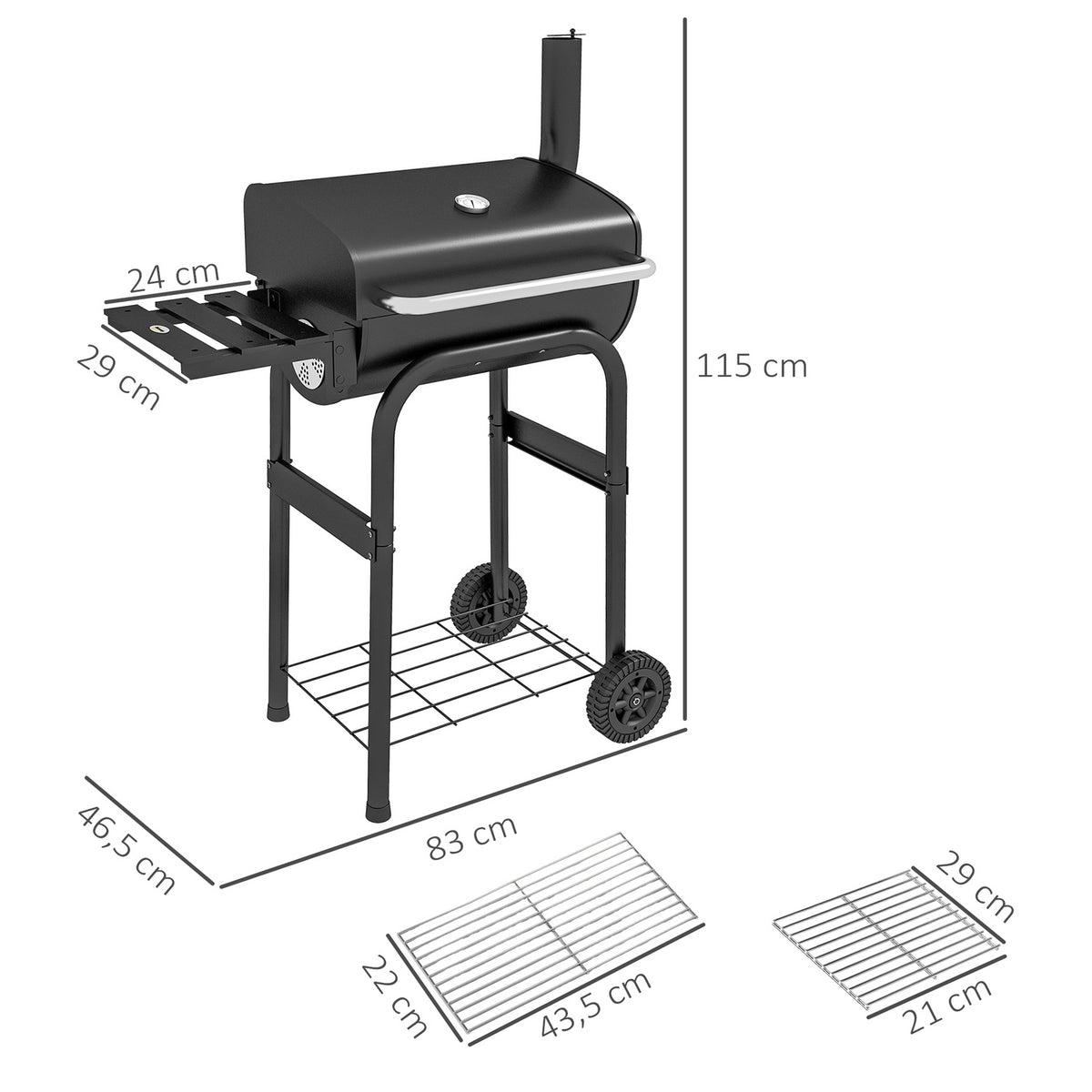 Charcoal Grill Trolley With Lid, Shelves, Wheels, Thermometer, Chimney, Stainless Steel, Black