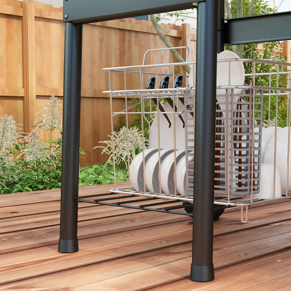 Charcoal Grill Trolley With Lid, Shelves, Wheels, Thermometer, Chimney, Stainless Steel, Black