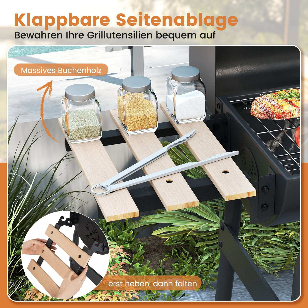 Charcoal Grill with Folding Side Table & Thermostat