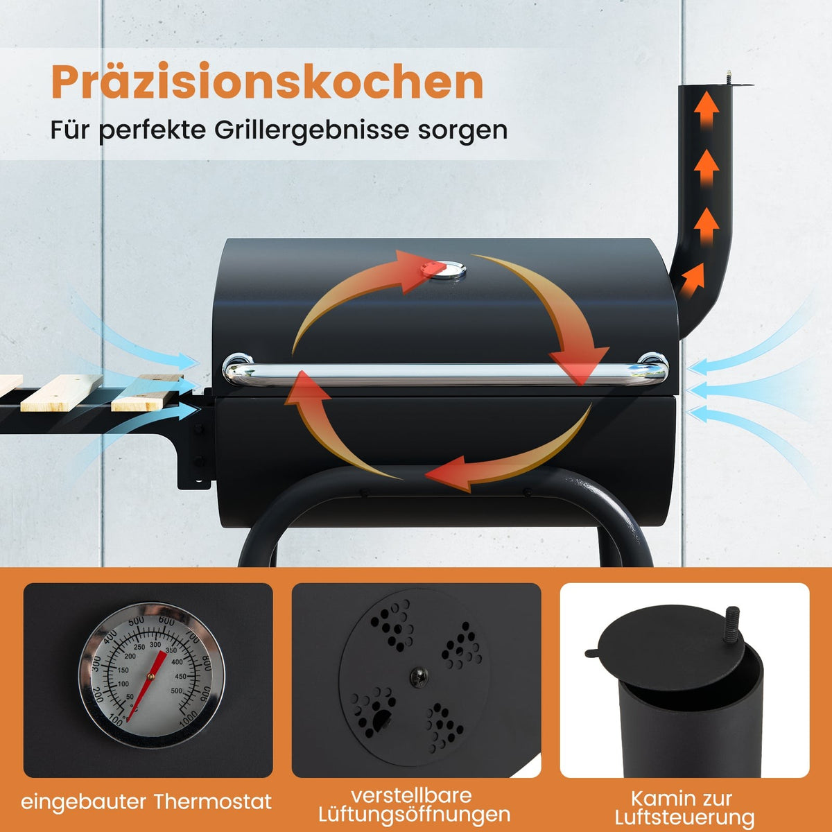 Charcoal Grill with Folding Side Table & Thermostat